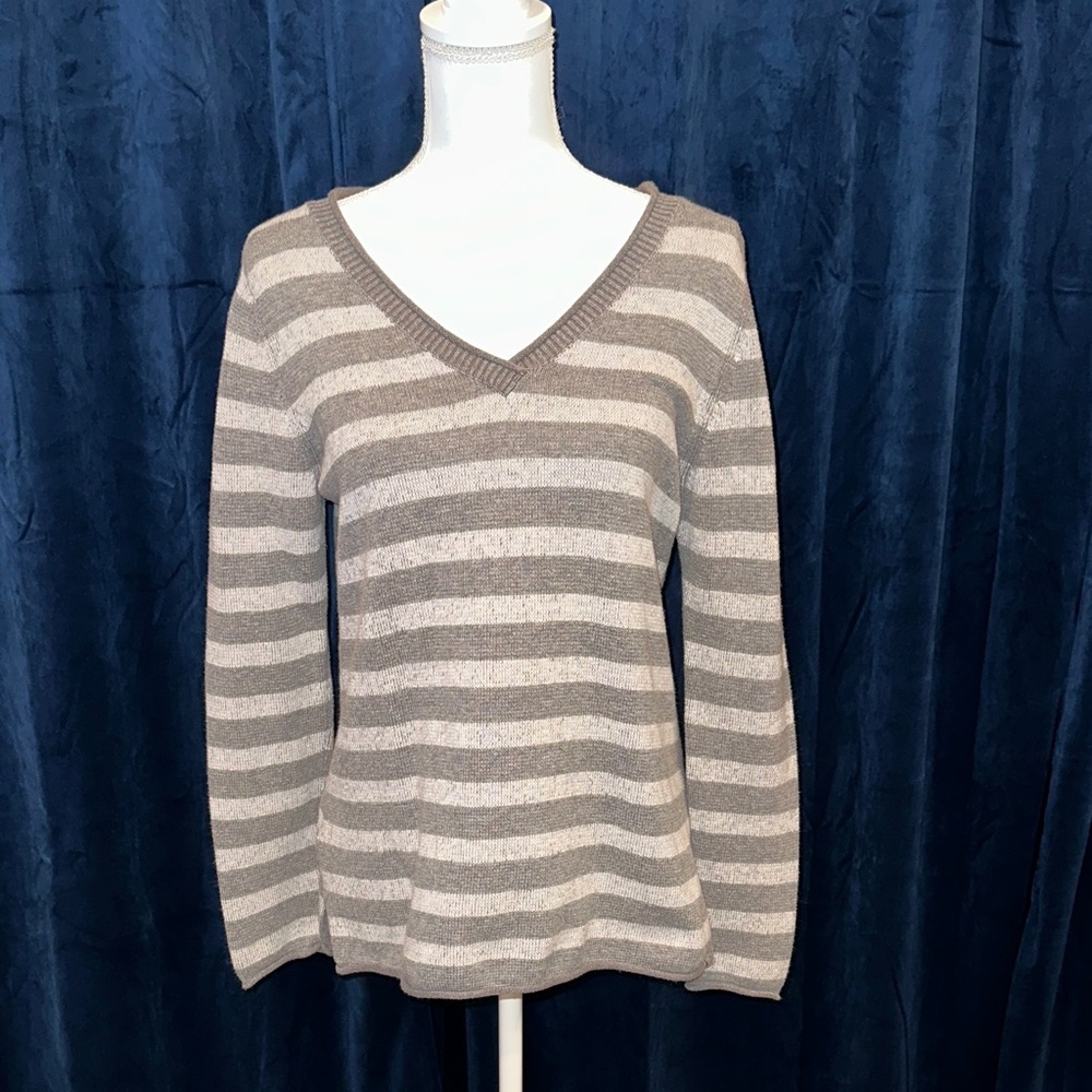 Eddie Bauer V-Neck Striped Sweater - darker gray and lighter gray